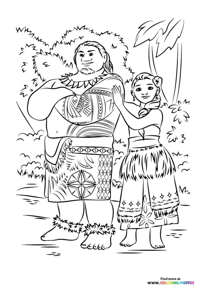 Moana and Chief Tui in traditional Polynesian clothing with tribal patterns coloring page from Moana 2