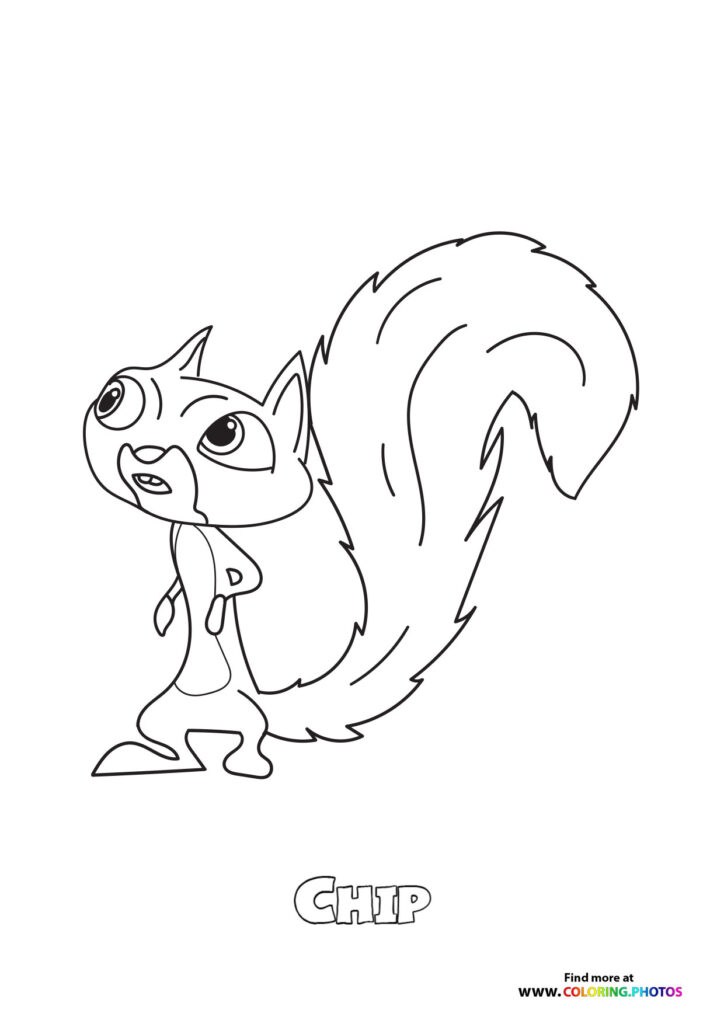Chip the squirrel superhero with large eyes and bushy tail coloring page from DC League of Super-Pets