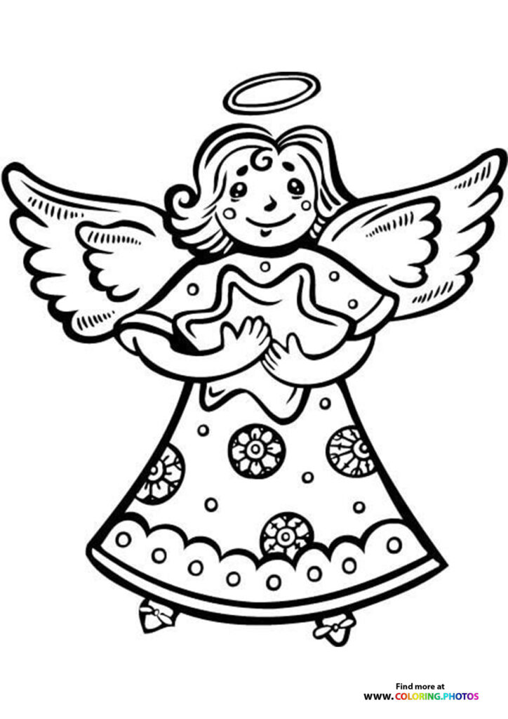 Cheerful angel with curly hair, halo, and decorated dress with flowers and clouds coloring page