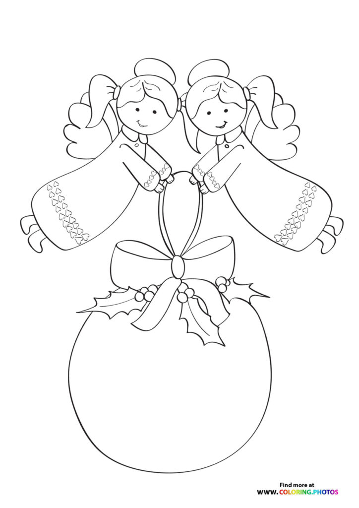Two smiling angels with halos and wings sitting on a Christmas ornament with holly and bow decoration coloring page
