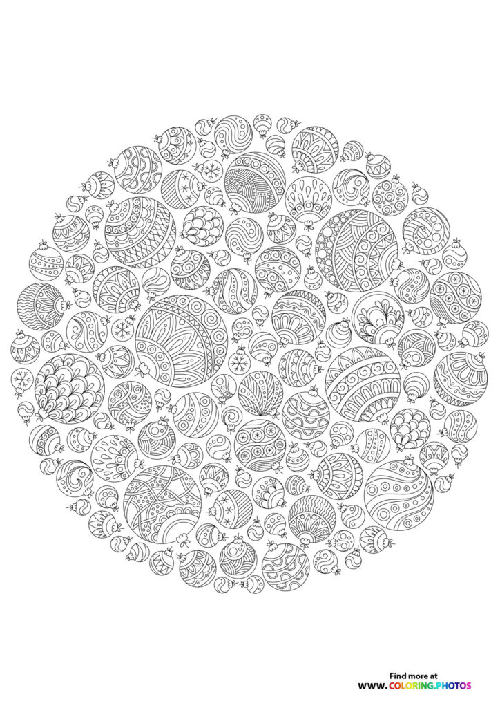 Circular mandala made of decorated Christmas baubles and snowflakes coloring page