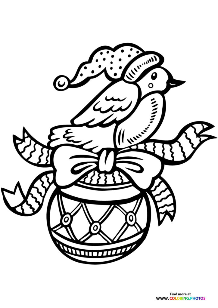 Little bird wearing a polka-dot hat on a round Christmas ornament with ribbon bow and holly leaves coloring page