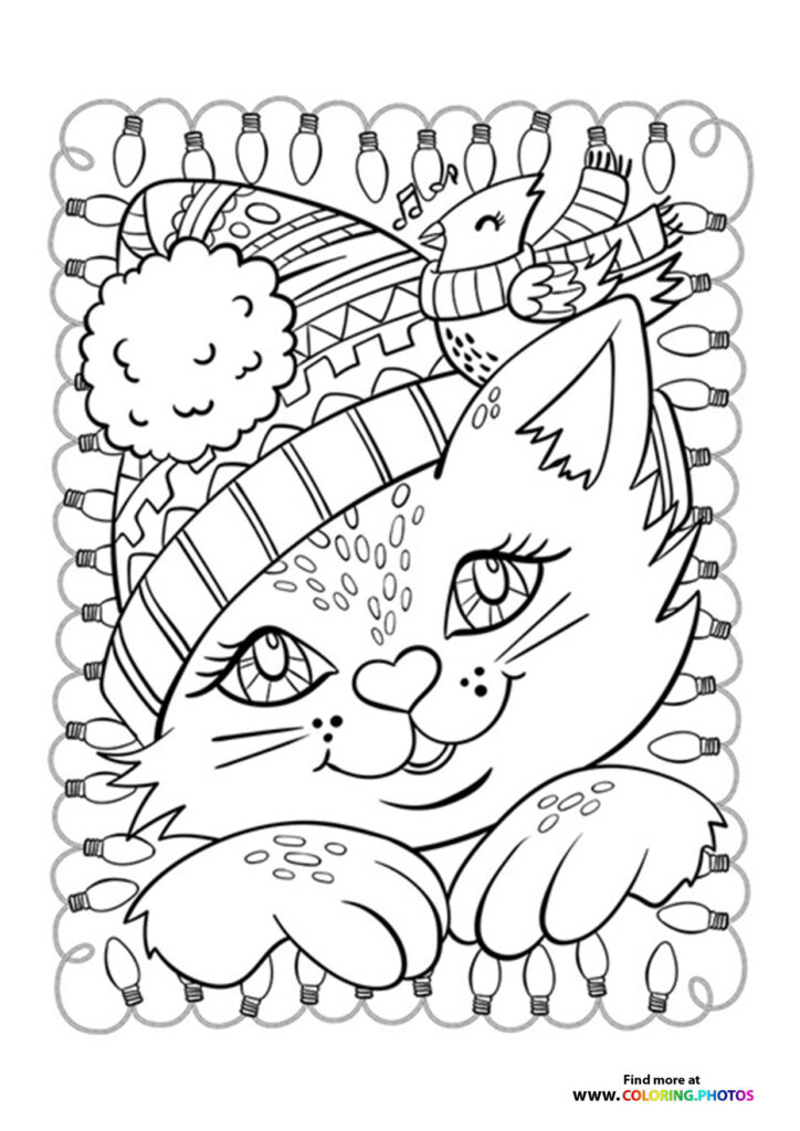 Festive cat wearing a striped party hat surrounded by wrapped presents, musical notes, and Christmas lights coloring page