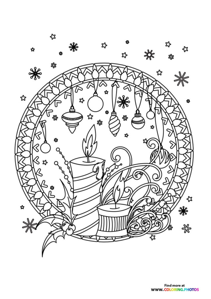 Christmas ornaments, candles, and snowflakes arranged in a decorative mandala pattern coloring page