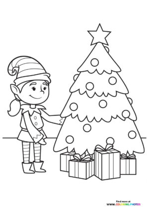 Christmas elf with presents coloring page