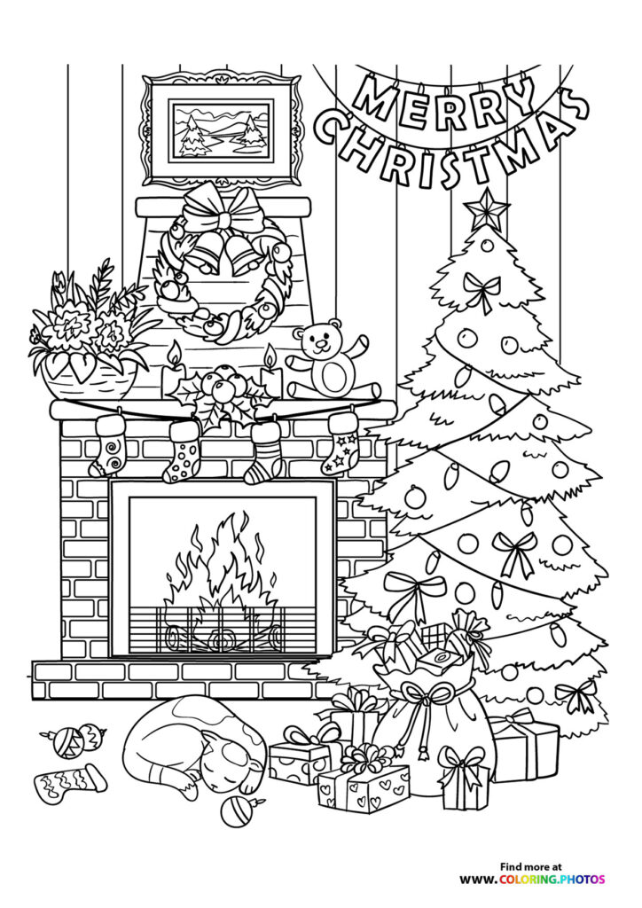 Cozy Christmas fireplace with decorated tree, stockings, presents and sleeping child coloring page