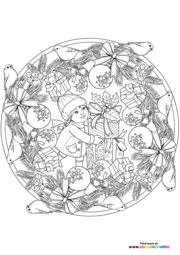 Girl with presents in christmas mandala coloring page