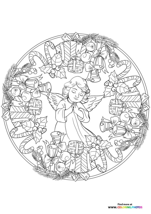 Christmas mandala with an Angel coloring page