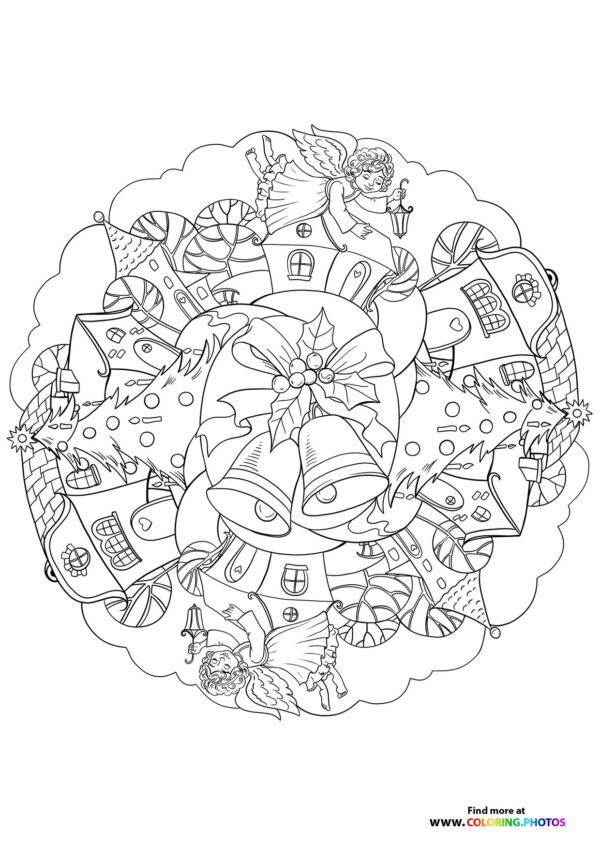 Christmas mandala with christmas bells coloring page