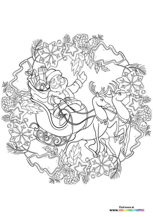 Christmas mandala with Santas sled coloring page