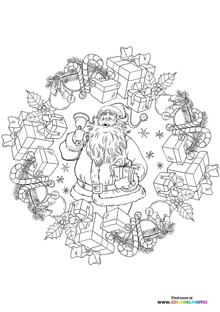 Santa Claus surrounded by presents, candy canes, and holly in a circular wreath mandala coloring page