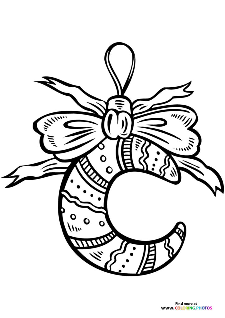 Christmas ornament with ribbon bow and decorated segments coloring page