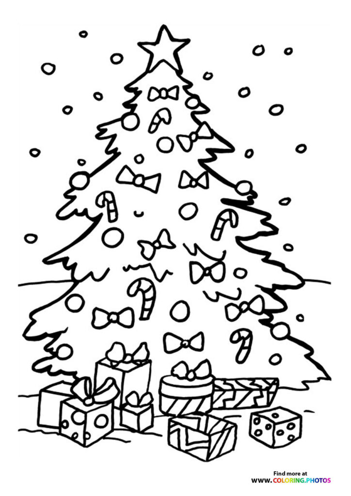 Decorated Christmas tree with star, ornaments, bows, candy canes, and wrapped gifts below with snowflakes coloring page