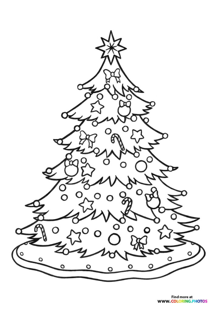 Decorated Christmas tree with star topper, ornaments, candy canes, and bows coloring page