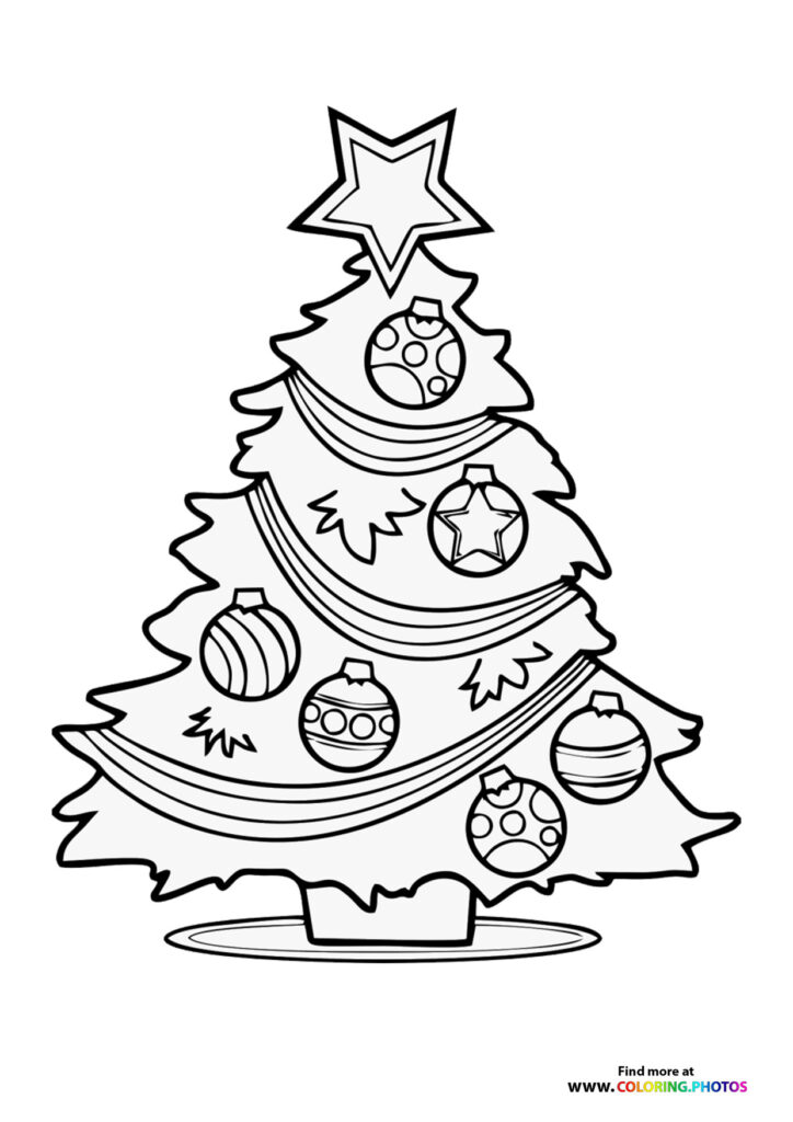 Decorated Christmas tree with star topper, ornaments, and garland swags coloring page
