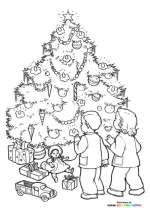 Kids watching Christmas tree coloring page