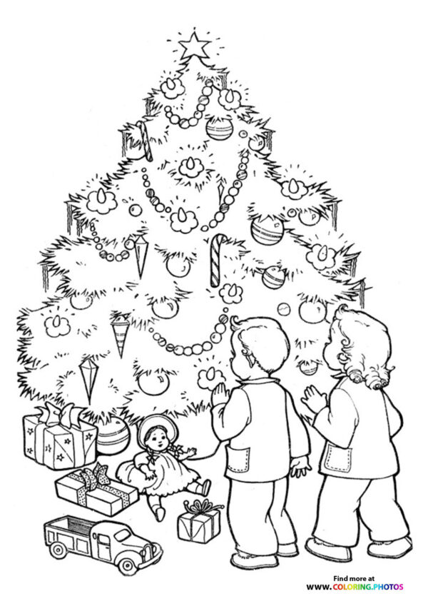 Kids watching Christmas tree coloring page