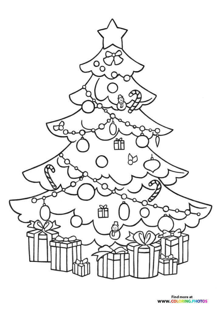 Decorated Christmas tree with star, garland, baubles, candy canes, and gifts coloring page