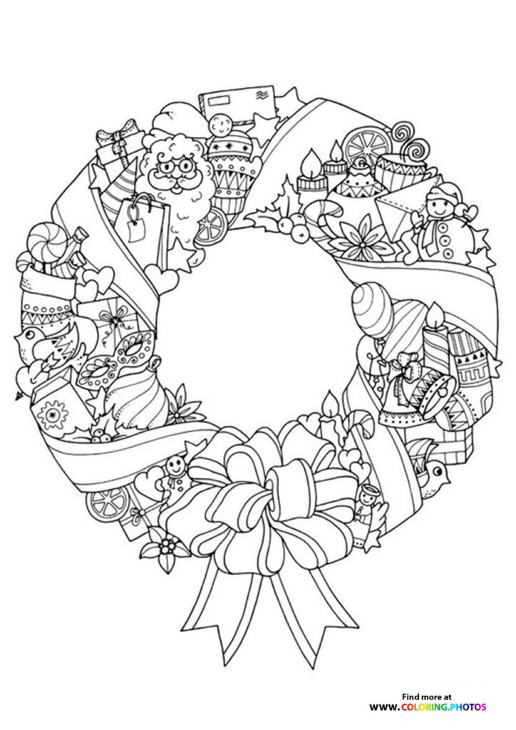 Christmas wreath with Santa, gifts, toys, snowman, and holiday decorations coloring page