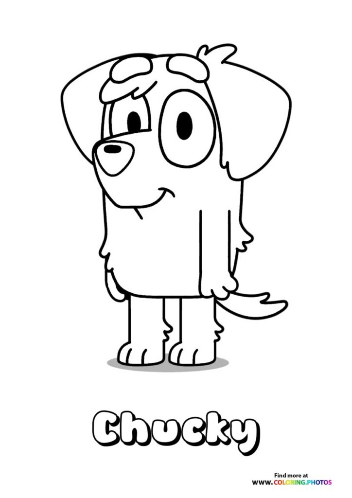 Chucky the dog from Bluey standing with floppy ears and a happy smile, coloring page