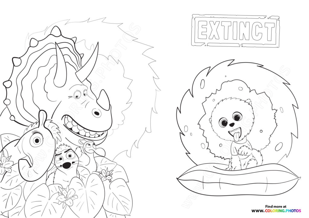 Three cute dinosaur characters from Extinct movie coloring page with main character and baby dinosaur in cocoon