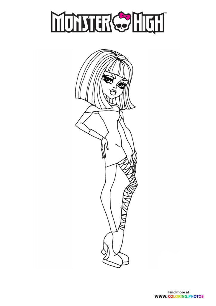 Monster High character with bob haircut and wrapped leg wearing off-shoulder top coloring page