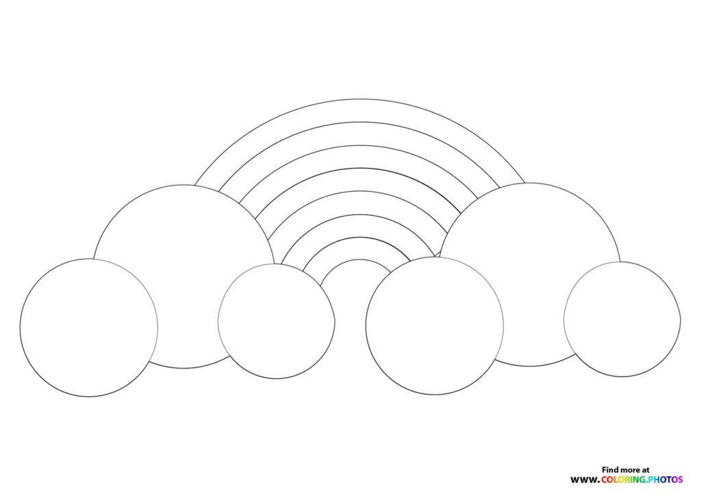 Rainbow arching over six fluffy clouds coloring page