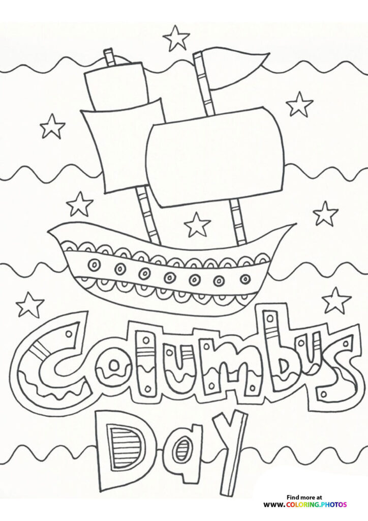 Sailing ship with large sails and stars for Columbus Day coloring page