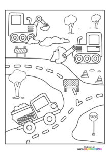 Three construction vehicles working on a road with trees, traffic cones, and a stop sign on a construction site coloring page