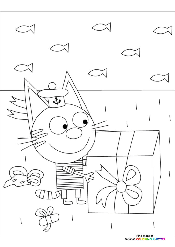 Kitten sailor in captain's hat holding fish tank with swimming fish coloring page from Kid-E-Cats
