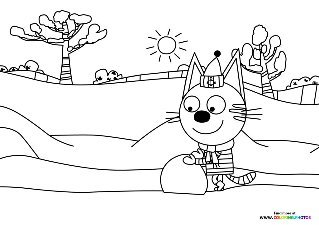 Kid-E-Cats kitten playing with a ball in a sunny garden with trees coloring page