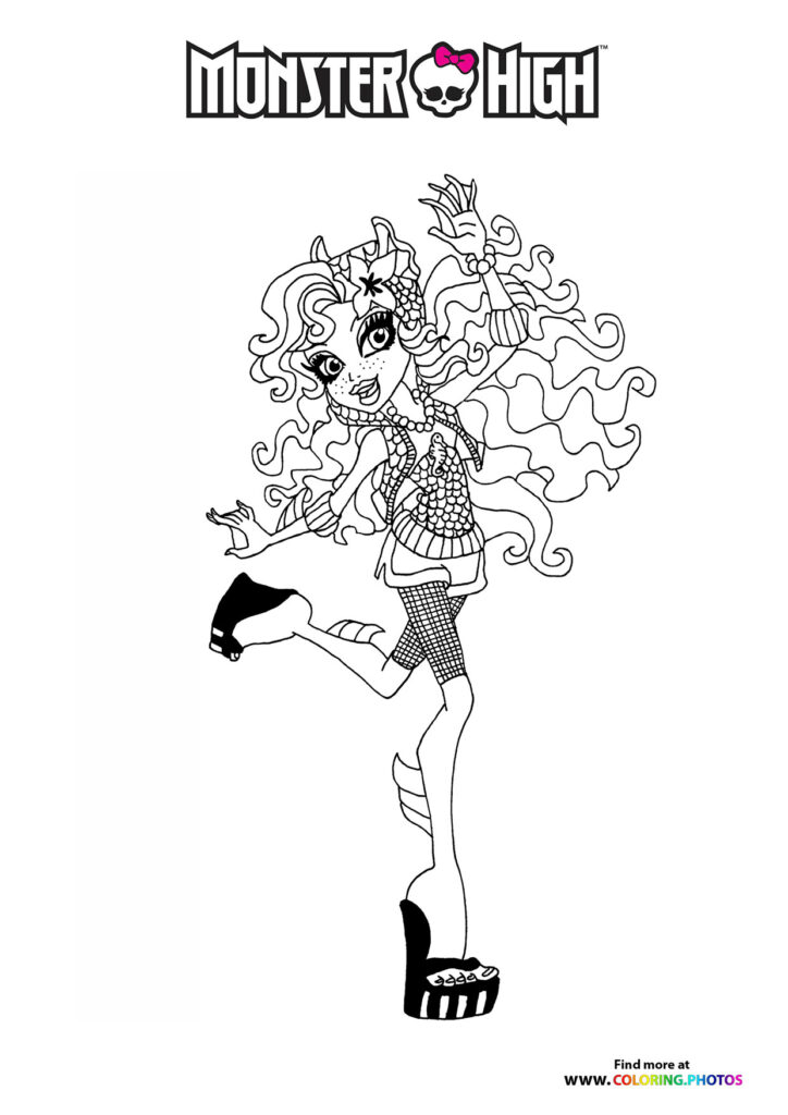 Draculaura from Monster High in a dynamic pose with curly hair, patterned dress, and platform boots coloring page