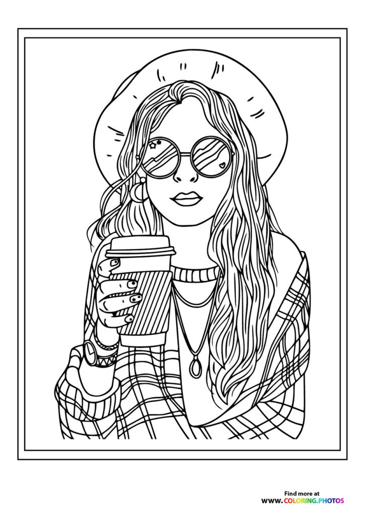Trendy girl wearing round sunglasses and hat holding coffee cup coloring page
