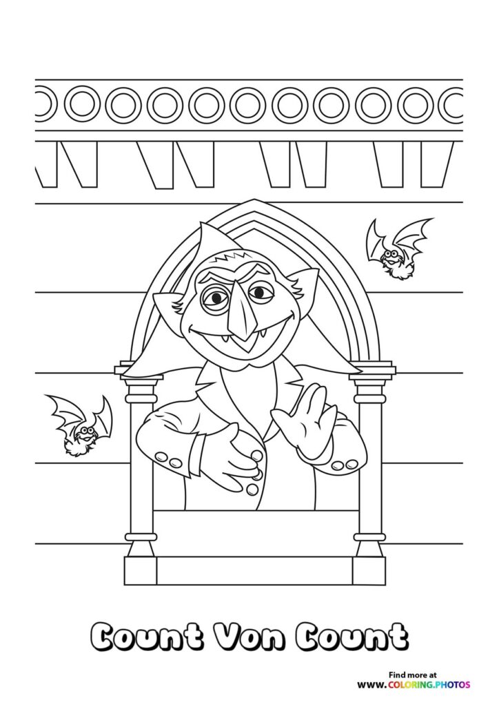 Count Von Count in his castle window with bats flying nearby coloring page from Sesame Street