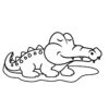 Friendly cartoon crocodile with open mouth and spiky back lying on the ground coloring page