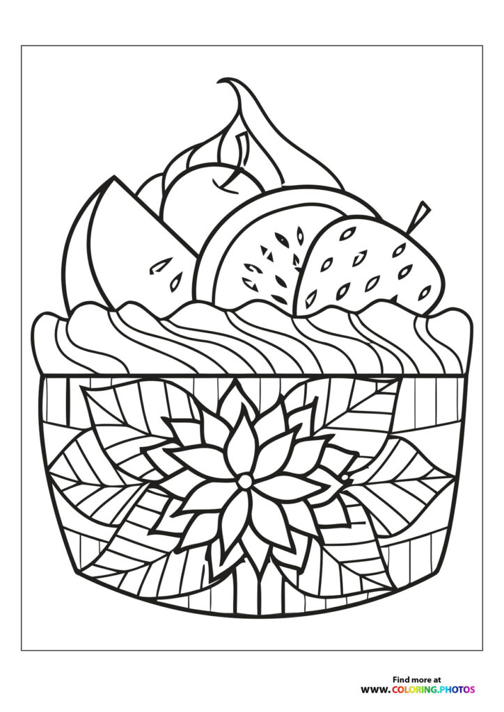 Fancy cupcake with swirled frosting, strawberry, cookie topping, and patterned wrapper coloring page