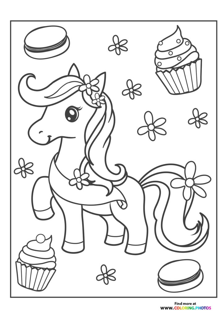 Magical pony with flower-decorated mane and tail, surrounded by macarons, cupcakes, and flowers coloring page