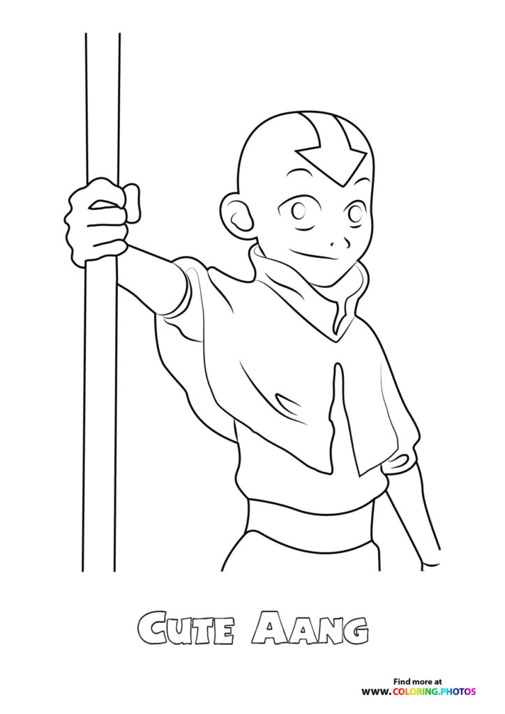 Young Aang holding his Air Nomad staff with arrow tattoo on forehead coloring page from The Legend of Korra