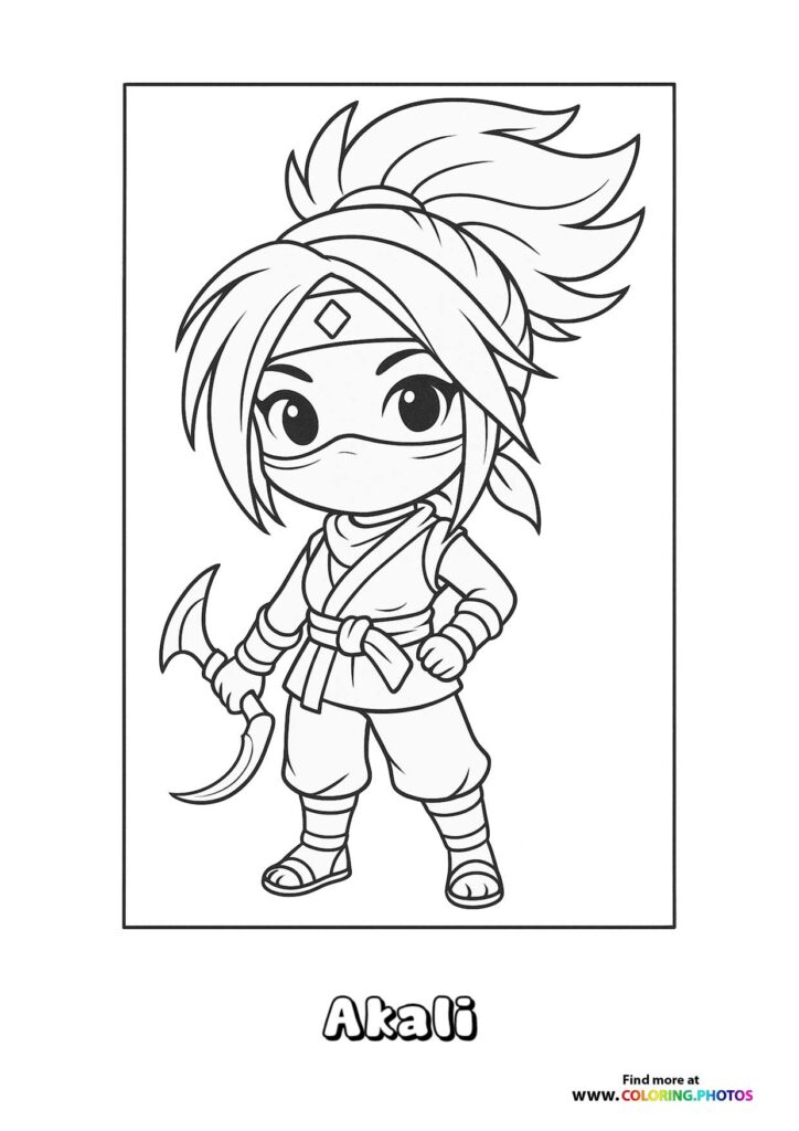 Chibi Akali from League of Legends wearing her ninja mask and hand wraps, holding a curved dagger coloring page