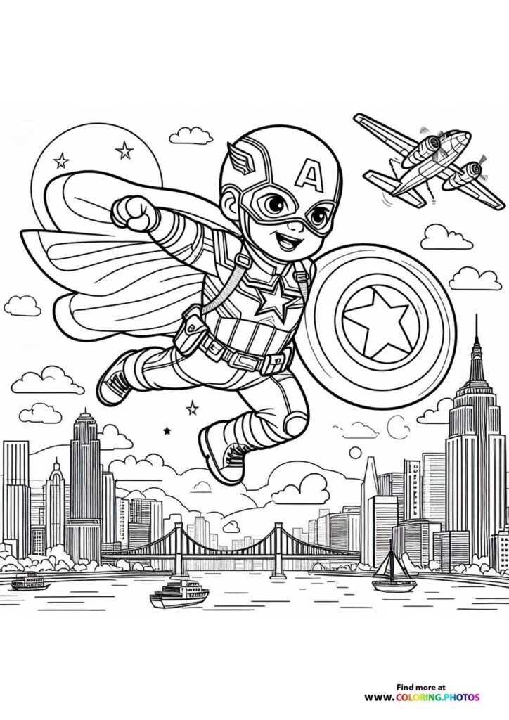 Captain America flying with shield and cape over New York City skyline with Empire State Building and Brooklyn Bridge coloring page
