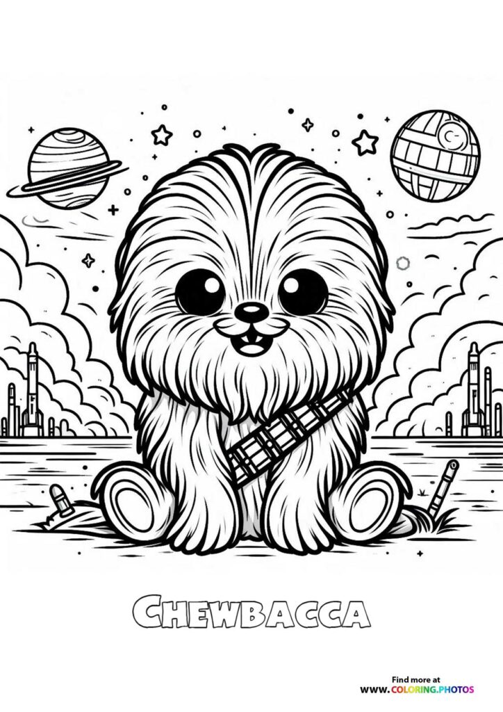 Cute fluffy Chewbacca with large eyes and crossbow, surrounded by planets and Death Star, Star Wars coloring page