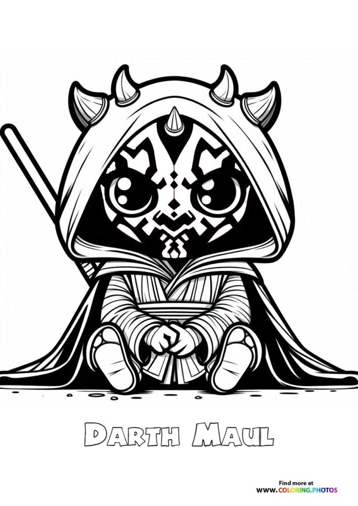Cute chibi Darth Maul with horns, red and black face markings, and flowing robes coloring page from Star Wars