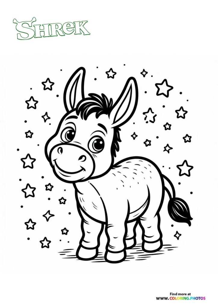Donkey with a big smile surrounded by stars and sparkles from Shrek coloring page