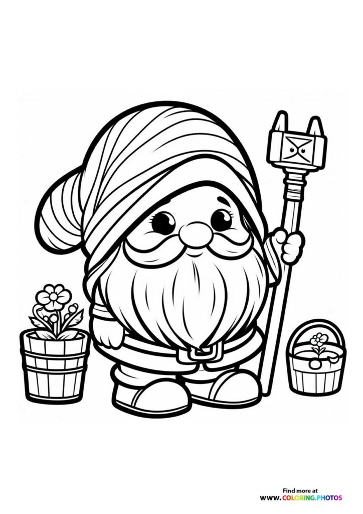 Garden gnome with turban and beard holding magical staff with flower baskets, coloring page