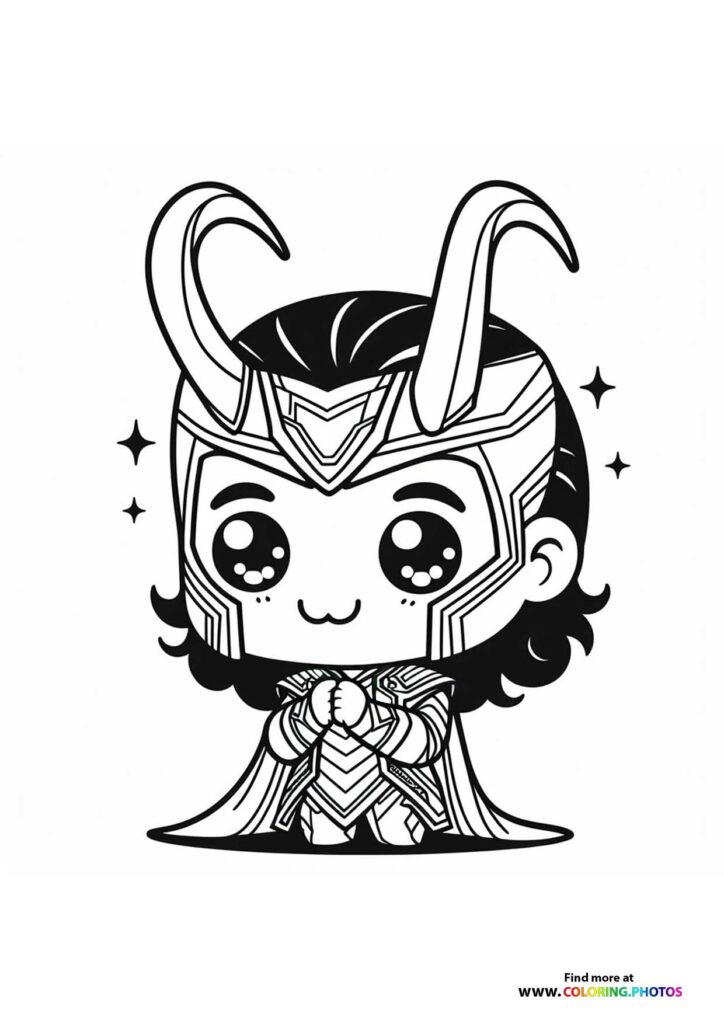 Chibi Loki wearing his iconic horned helmet and ornate armor with sparkling stars coloring page