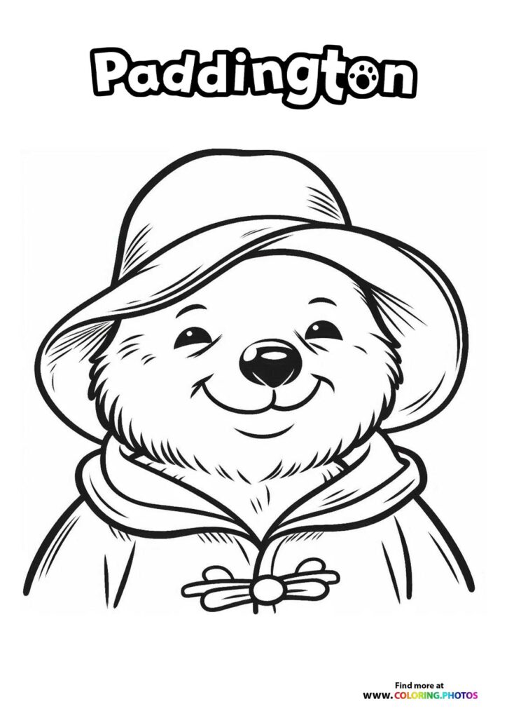 Paddington wearing his signature hat and duffle coat with a big smile coloring page from Paddington in Peru