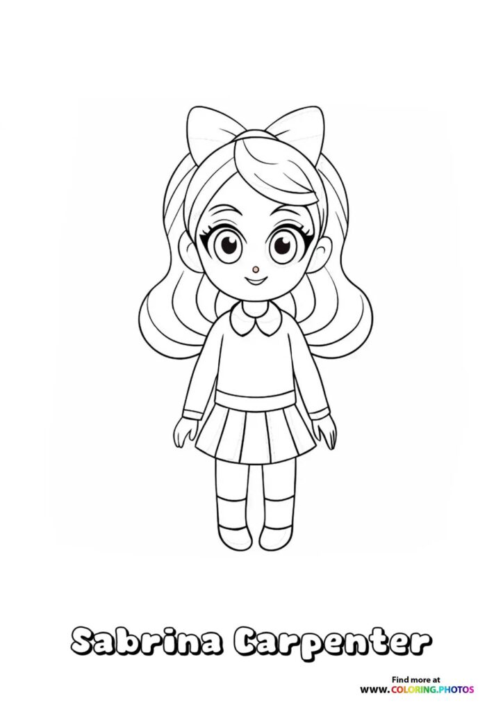 Cute chibi cartoon girl with long wavy hair, bow, pleated skirt and knee socks labeled Sabrina Carpenter coloring page