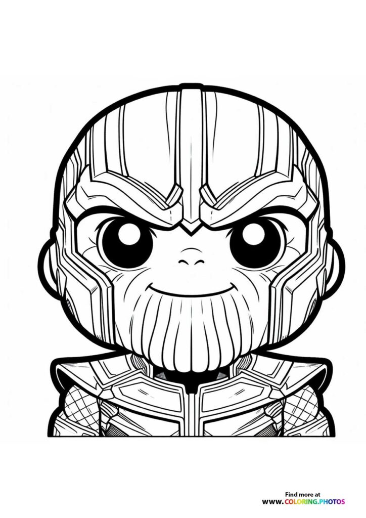 Thanos with wrinkled purple skin, large eyes, and beard facing forward, armored chest visible coloring page