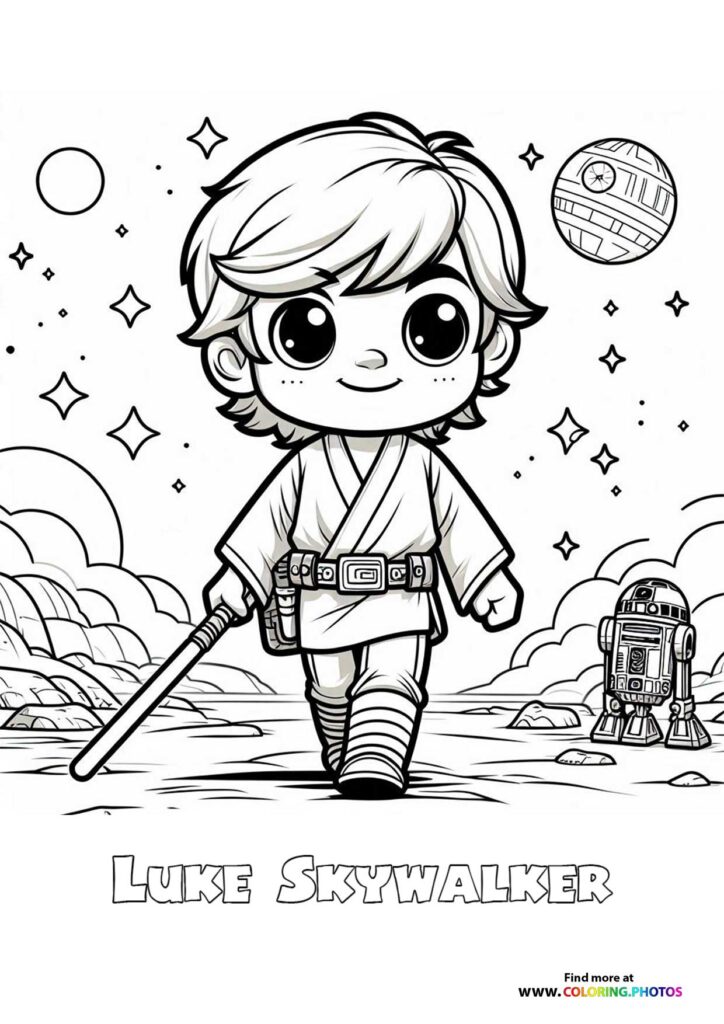Young Luke Skywalker holding a lightsaber with R2D2 robot and planets in the background coloring page