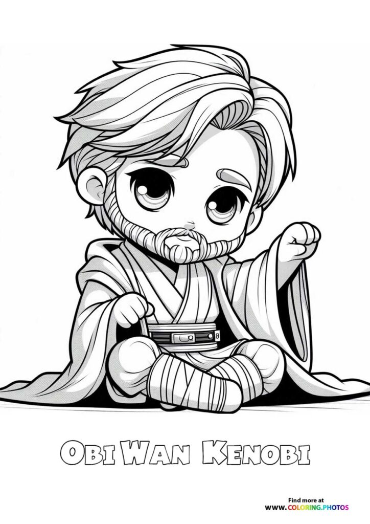 Chibi Obi-Wan Kenobi sitting cross-legged wearing Jedi robes and belt coloring page